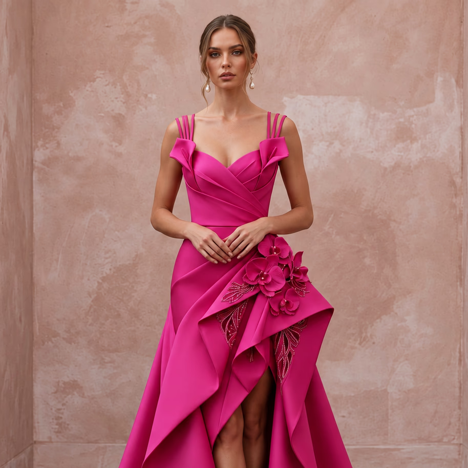 Fuchsia Pink Sculptural Mikado High-Low Hem Cocktail Dress
