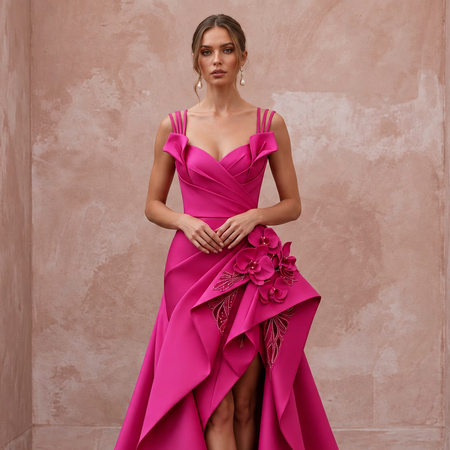 Fuchsia Pink Sculptural Mikado High-Low Hem Cocktail Dress