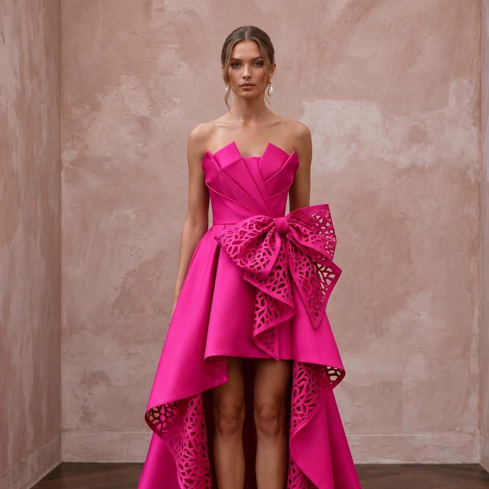 Fuchsia Pink Sculptural Mikado High-Low Hem Cocktail Dress