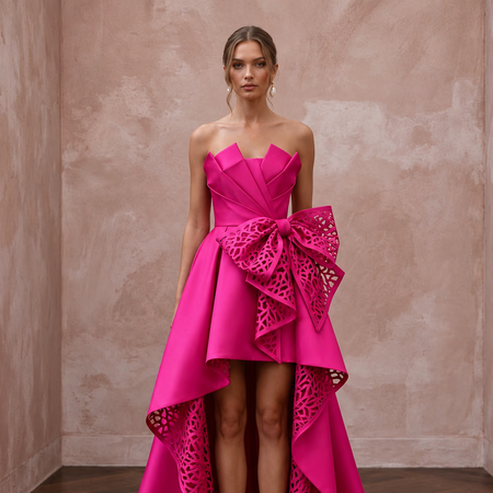 Fuchsia Pink Sculptural Mikado High-Low Hem Cocktail Dress