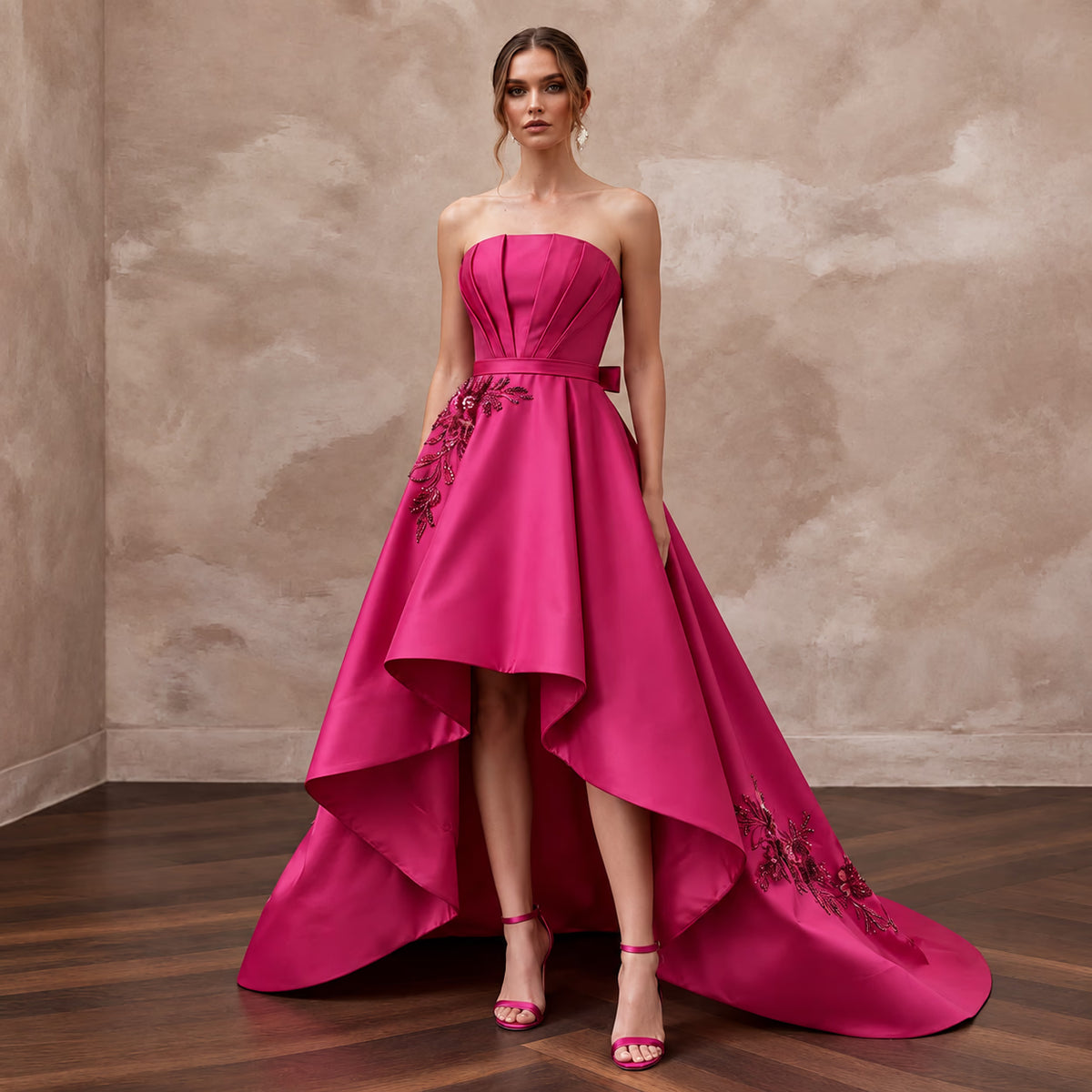 Fuchsia Pink Taffeta High-Low Hem Strapless Dress for Summer Event