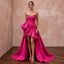 Fuchsia pink taffeta high-low hem strapless dress with ruffles, perfect for summer events. Elegant and stylish design.
