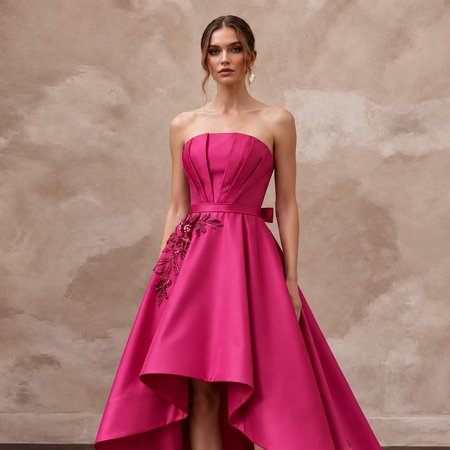 Fuchsia Pink Taffeta High-Low Hem Strapless Dress for Summer Event