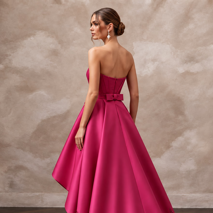 Fuchsia Pink Taffeta High-Low Hem Strapless Dress for Summer Event