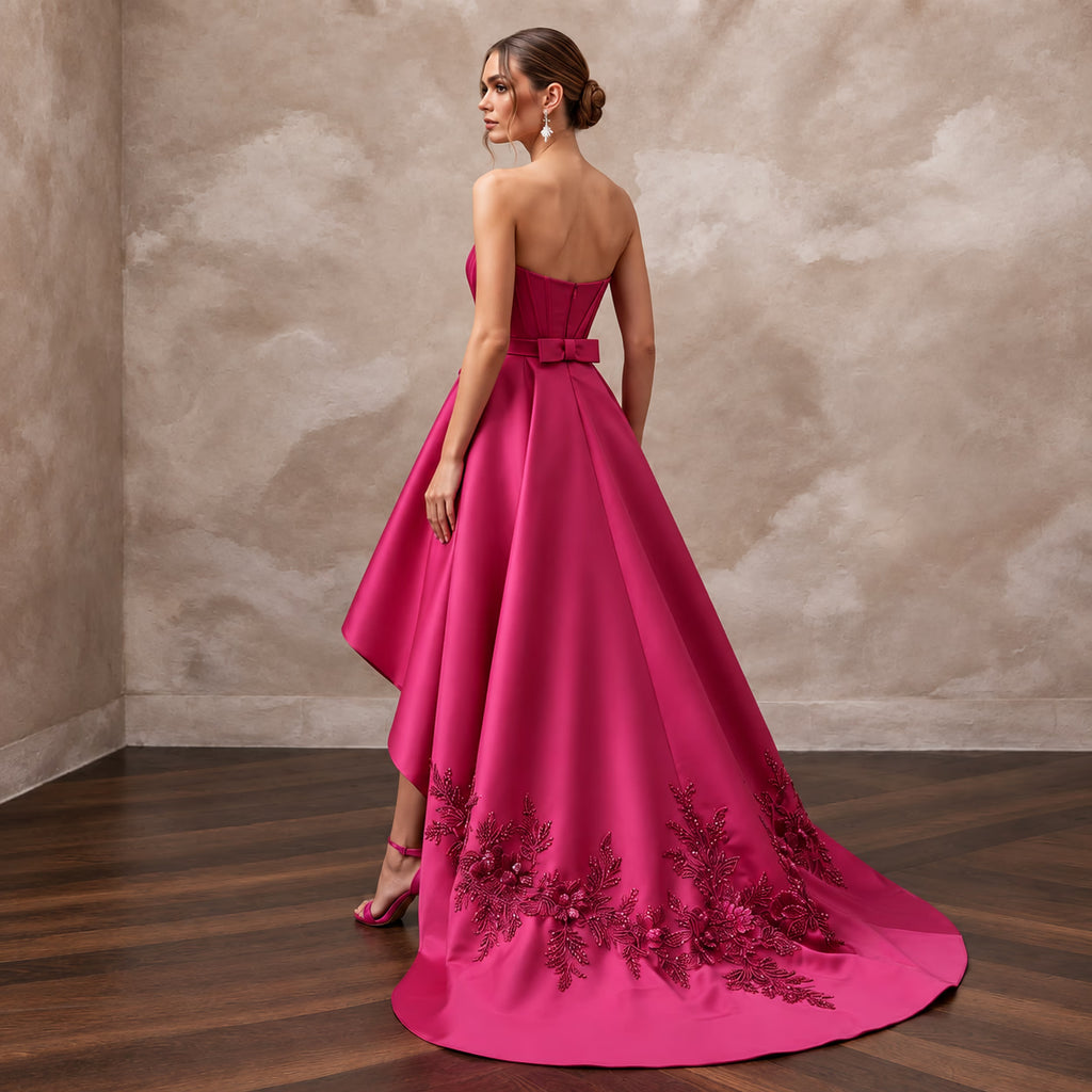 Fuchsia Pink Taffeta High-Low Hem Strapless Dress for Summer Event