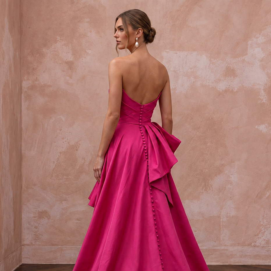 Fuchsia pink taffeta strapless dress with high-low hem and elegant back detailing, perfect for summer events.