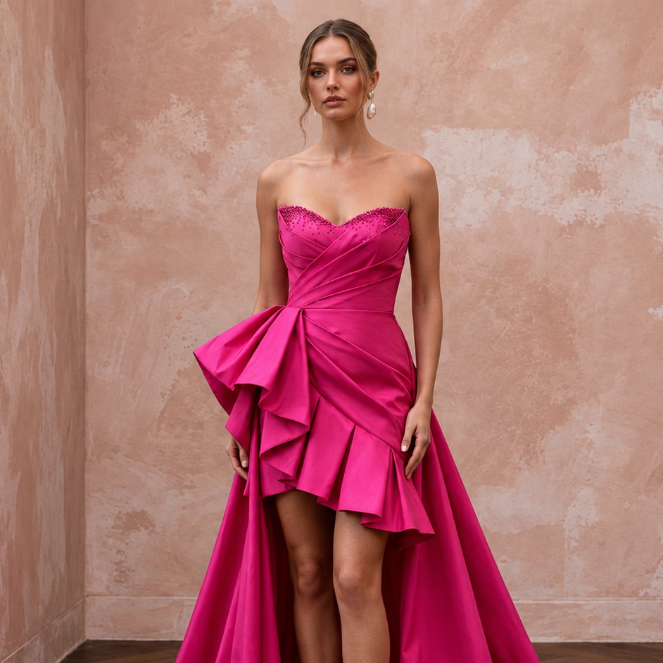 Fuchsia pink taffeta strapless dress with high-low hem and ruffle detail, perfect for summer events.