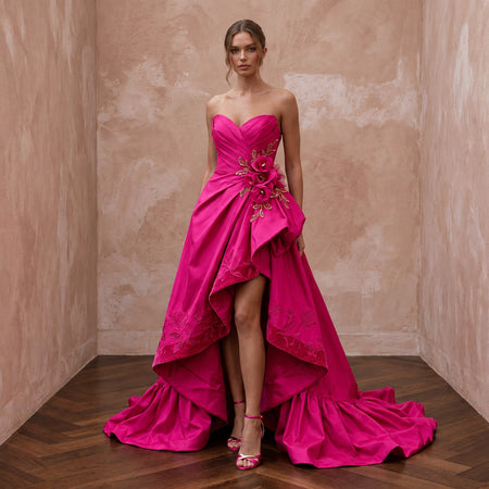 Fuchsia Pink Taffeta High - Low Hem Strapless Dress for Summer Gala - Apparel & Accessories > Clothing > Wedding & Bridal Party Dresses > Wedding Dresses - Mignonette Bridal