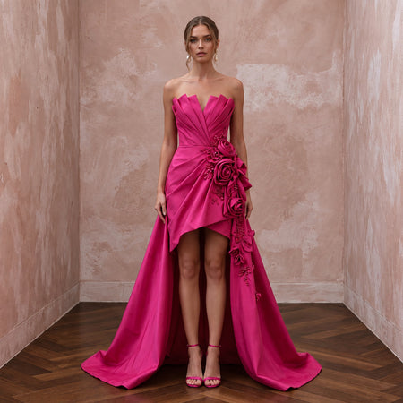 Fuchsia Pink Taffeta High-Low Hem Strapless Dress for Summer Gala
