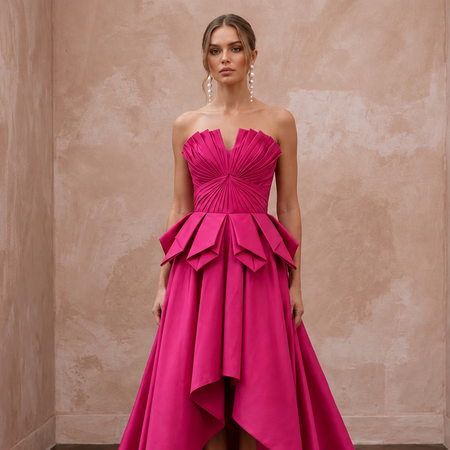 Fuchsia Pink Taffeta High-Low Hem Strapless Dress for Summer Gala