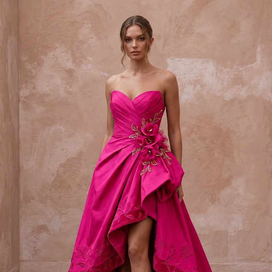 Fuchsia Pink Taffeta High - Low Hem Strapless Dress for Summer Gala - Apparel & Accessories > Clothing > Wedding & Bridal Party Dresses > Wedding Dresses - Mignonette Bridal
