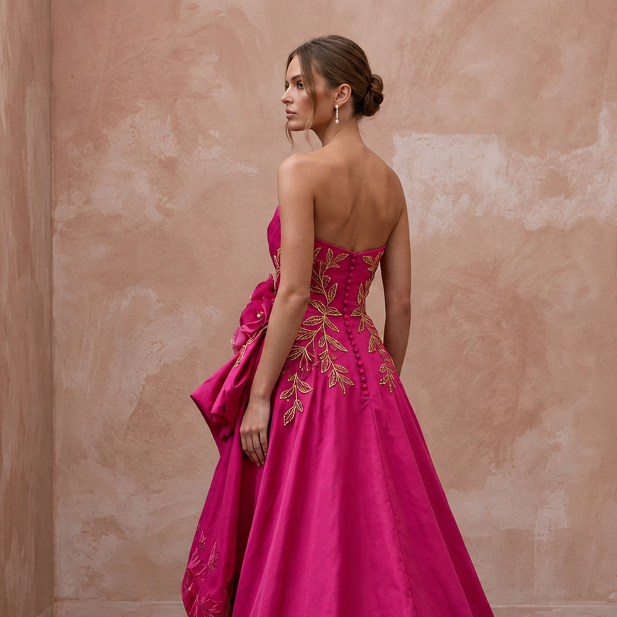 Fuchsia Pink Taffeta High - Low Hem Strapless Dress for Summer Gala - Apparel & Accessories > Clothing > Wedding & Bridal Party Dresses > Wedding Dresses - Mignonette Bridal