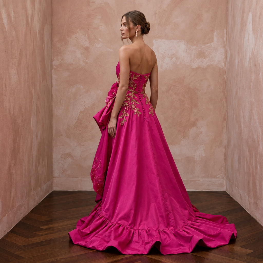 Fuchsia Pink Taffeta High - Low Hem Strapless Dress for Summer Gala - Apparel & Accessories > Clothing > Wedding & Bridal Party Dresses > Wedding Dresses - Mignonette Bridal