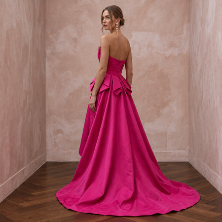 Fuchsia Pink Taffeta High-Low Hem Strapless Dress for Summer Gala