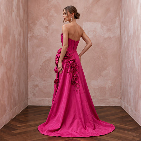 Fuchsia Pink Taffeta High-Low Hem Strapless Dress for Summer Gala