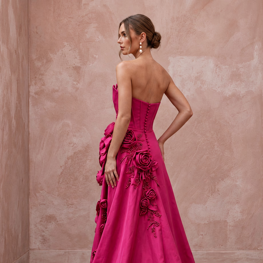 Fuchsia Pink Taffeta High-Low Hem Strapless Dress for Summer Gala