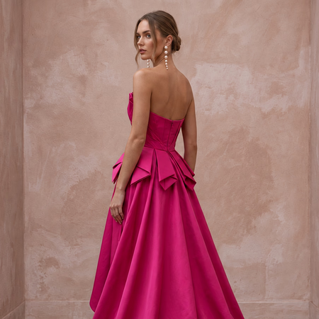 Fuchsia Pink Taffeta High-Low Hem Strapless Dress for Summer Gala