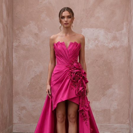 Fuchsia Pink Taffeta High-Low Hem Strapless Dress for Summer Gala