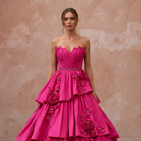Fuchsia Pink Taffeta Voluminous Tiered Skirt Strapless Gala Gown