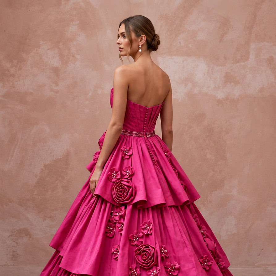 Fuchsia Pink Taffeta Voluminous Tiered Skirt Strapless Gala Gown
