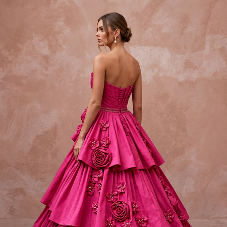 Fuchsia Pink Taffeta Voluminous Tiered Skirt Strapless Gala Gown