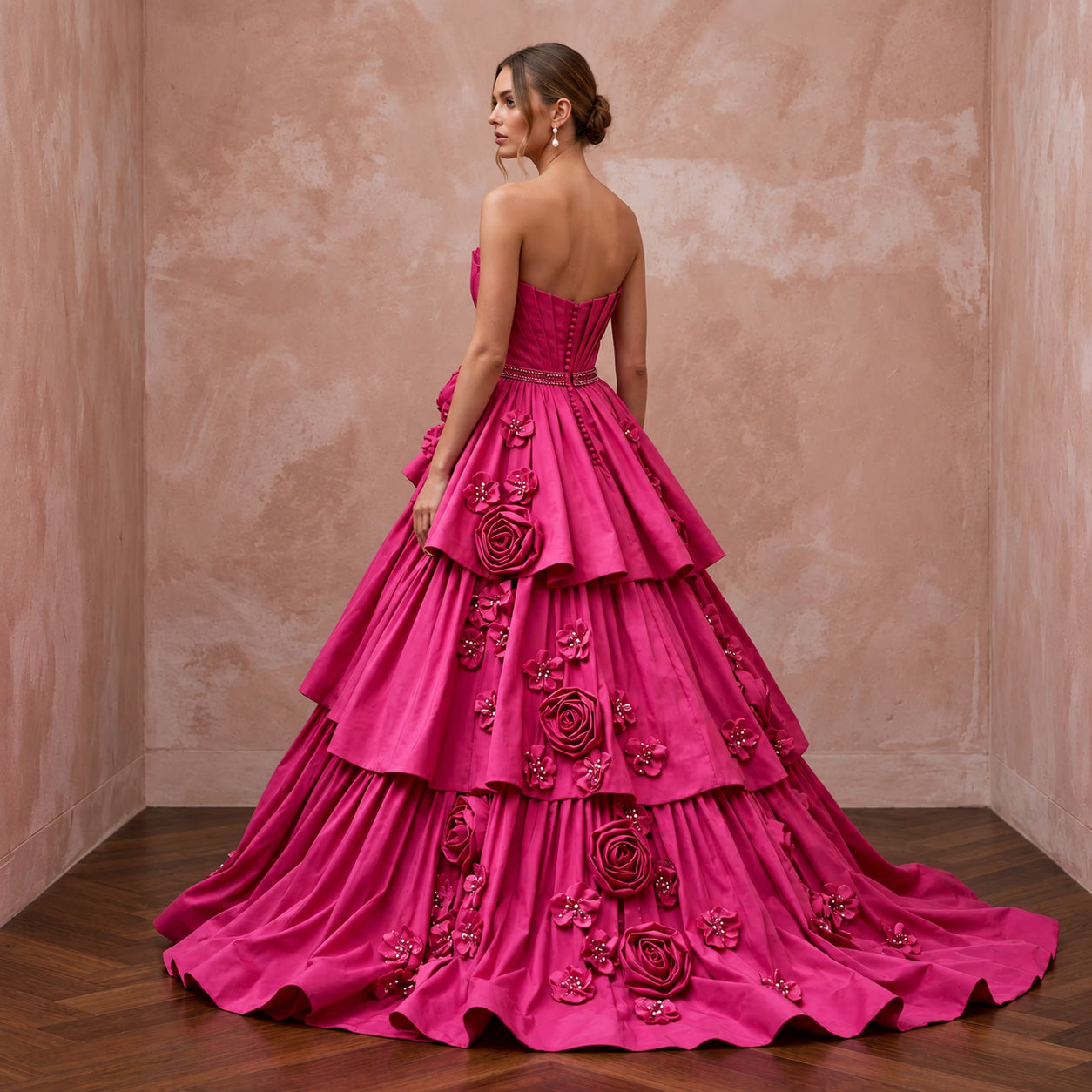 Fuchsia Pink Taffeta Voluminous Tiered Skirt Strapless Gala Gown Secondary image