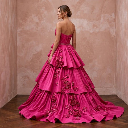 Fuchsia Pink Taffeta Voluminous Tiered Skirt Strapless Gala Gown
