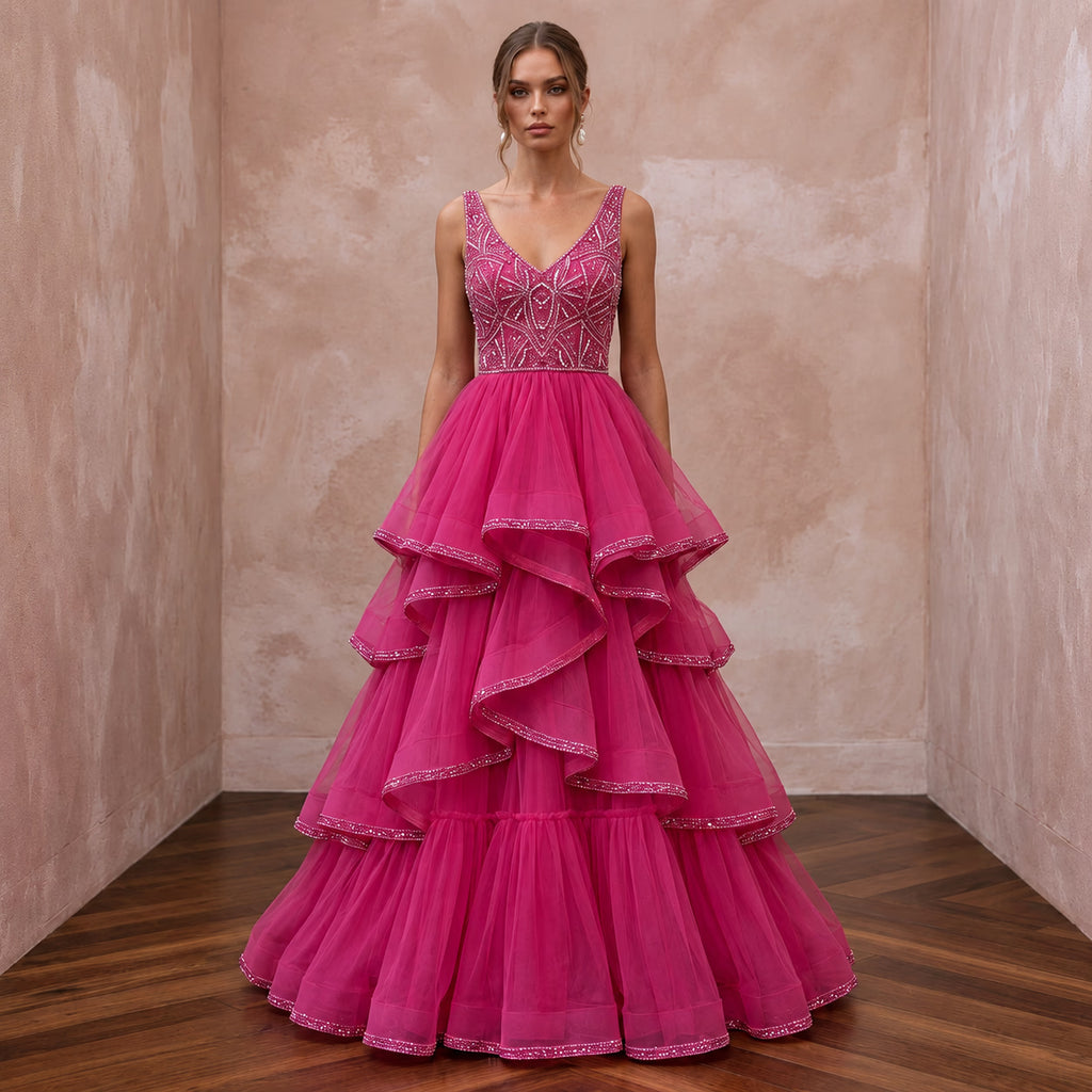 Fuchsia Pink Tulle Tiered Ruffle A-Line Dress for Pageant