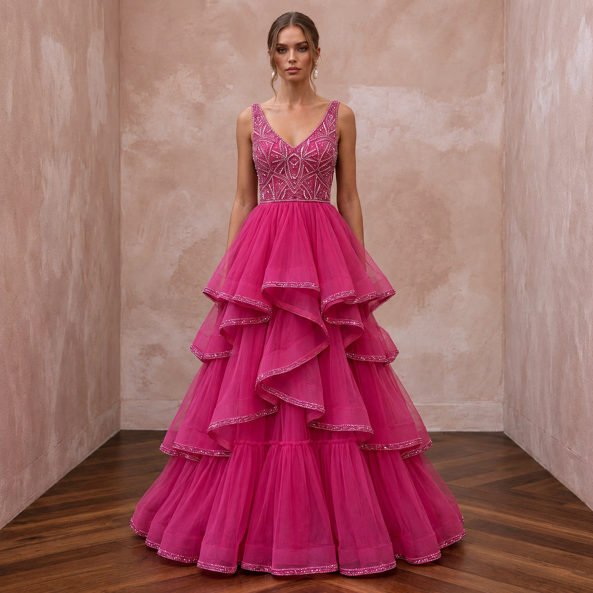 Fuchsia Pink Tulle Tiered Ruffle A-Line Dress for Pageant