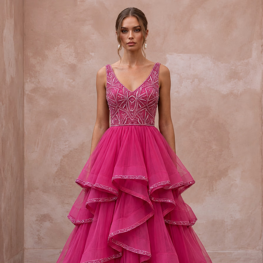Fuchsia Pink Tulle Tiered Ruffle A-Line Dress for Pageant