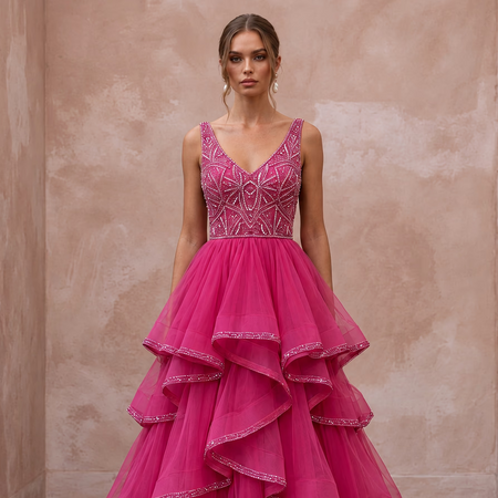 Fuchsia Pink Tulle Tiered Ruffle A-Line Dress for Pageant