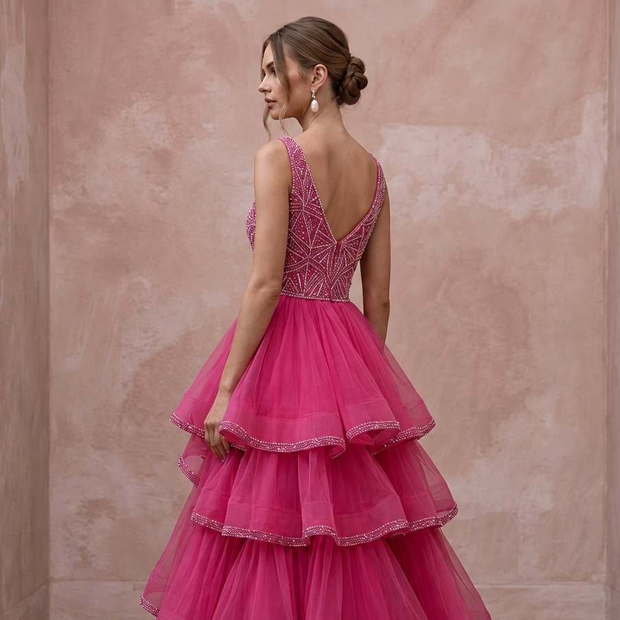 Fuchsia Pink Tulle Tiered Ruffle A-Line Dress for Pageant