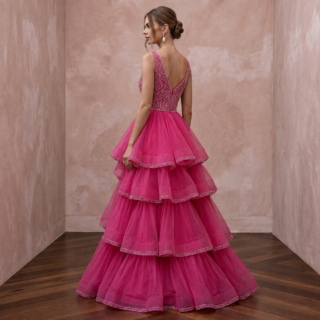 Fuchsia Pink Tulle Tiered Ruffle A-Line Dress for Pageant