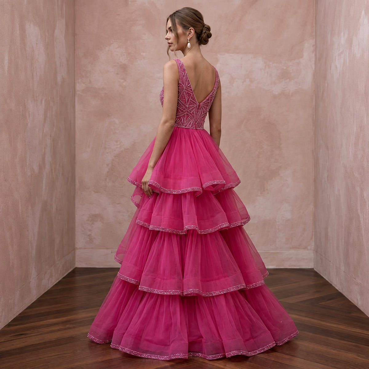 Fuchsia Pink Tulle Tiered Ruffle A-Line Dress for Pageant