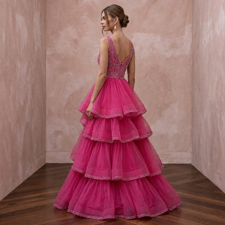Fuchsia Pink Tulle Tiered Ruffle A-Line Dress for Pageant