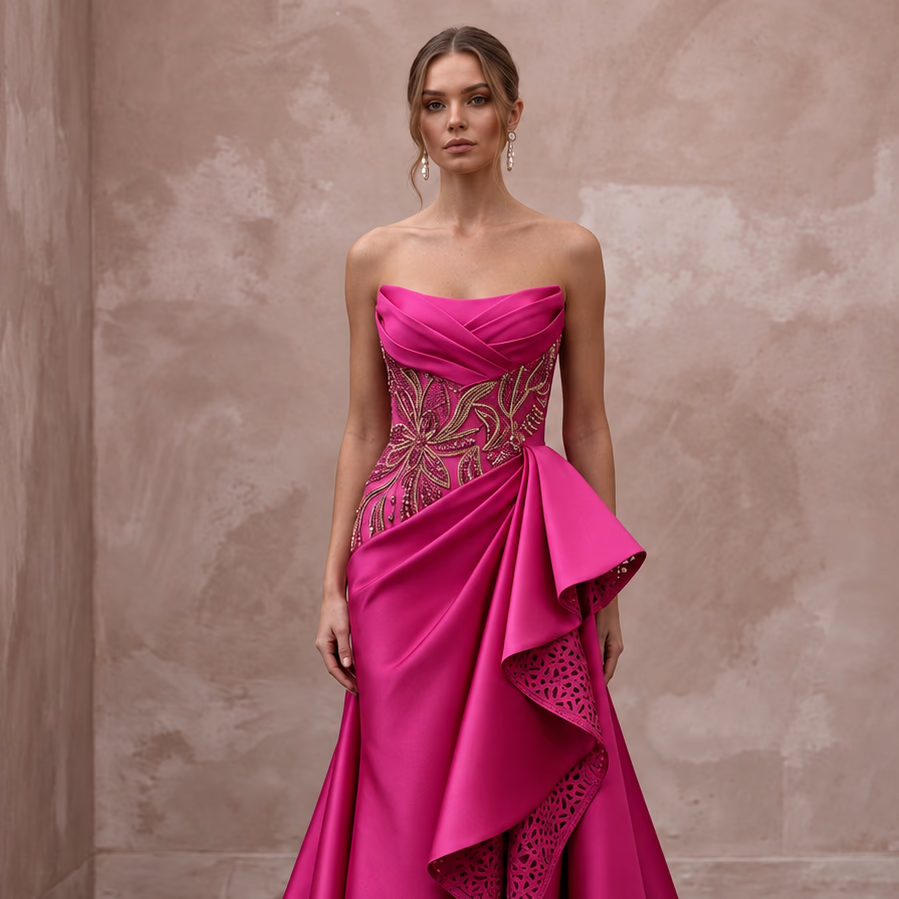 Fuchsia Satin High-Low Hem Strapless Dress for Summer Gala