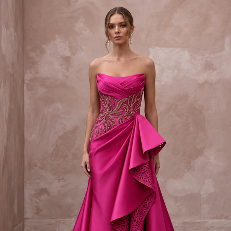 Fuchsia Satin High-Low Hem Strapless Dress for Summer Gala