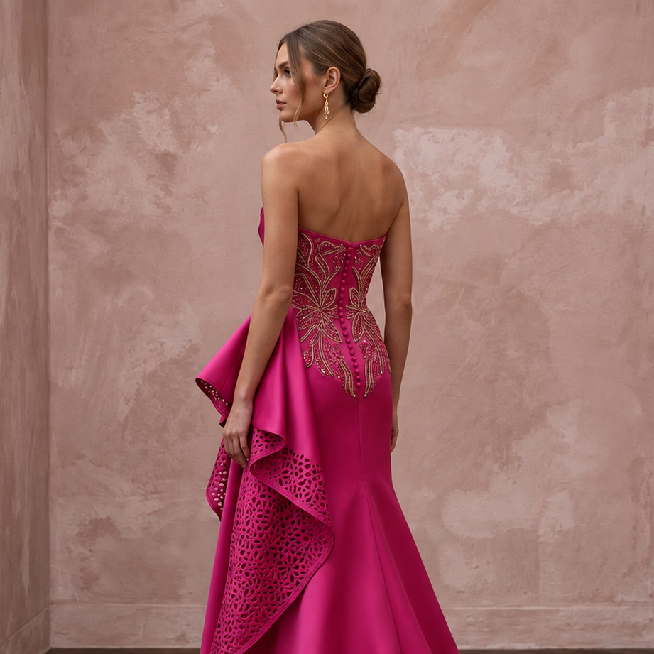 Fuchsia Satin High-Low Hem Strapless Dress for Summer Gala