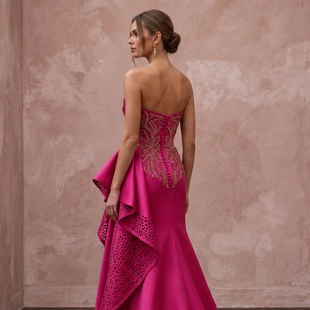 Fuchsia Satin High-Low Hem Strapless Dress for Summer Gala