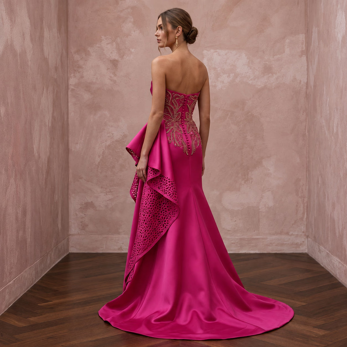 Fuchsia Satin High-Low Hem Strapless Dress for Summer Gala