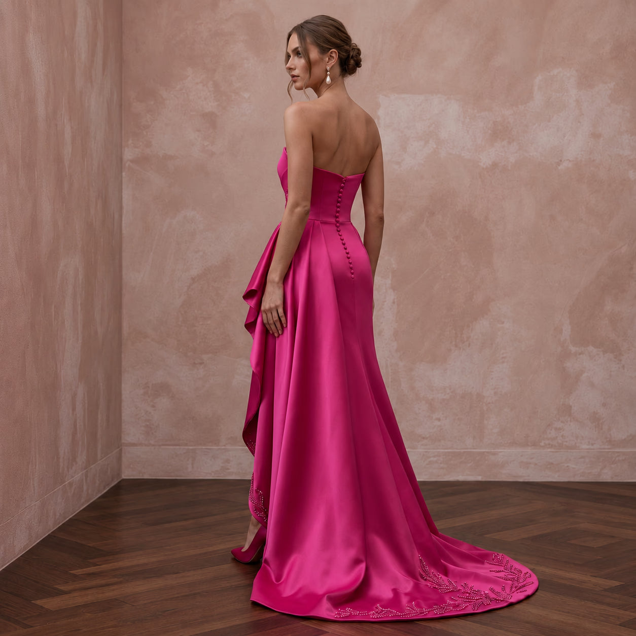 Fuchsia Satin High-Low Hem Strapless Dress for Summer Gala Secondary image