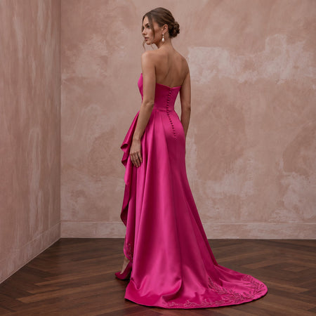 Fuchsia Satin High-Low Hem Strapless Dress for Summer Gala