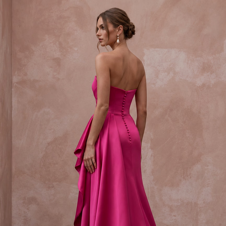 Fuchsia Satin High-Low Hem Strapless Dress for Summer Gala