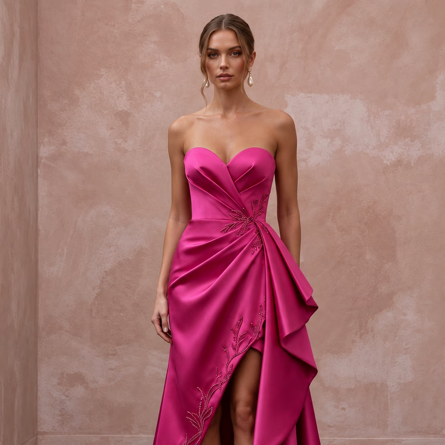 Fuchsia Satin High-Low Hem Strapless Dress for Summer Gala