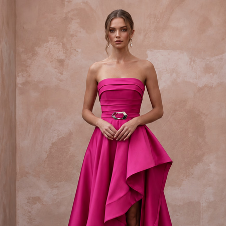 Fuchsia Silk Satin High - Low Hem Strapless Gown for Summer Gala - Apparel & Accessories > Clothing > Wedding & Bridal Party Dresses > Wedding Dresses - Mignonette Bridal
