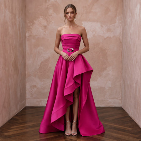Fuchsia Silk Satin High - Low Hem Strapless Gown for Summer Gala - Apparel & Accessories > Clothing > Wedding & Bridal Party Dresses > Wedding Dresses - Mignonette Bridal