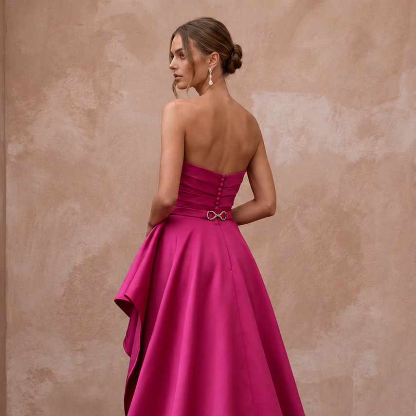 Fuchsia Silk Satin High - Low Hem Strapless Gown for Summer Gala - Apparel & Accessories > Clothing > Wedding & Bridal Party Dresses > Wedding Dresses - Mignonette Bridal