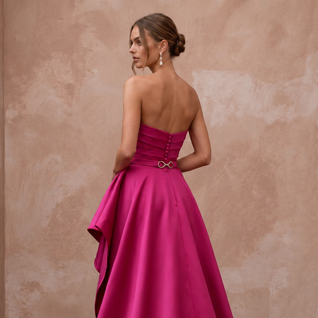Fuchsia Silk Satin High - Low Hem Strapless Gown for Summer Gala - Apparel & Accessories > Clothing > Wedding & Bridal Party Dresses > Wedding Dresses - Mignonette Bridal