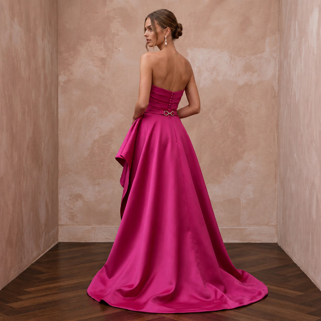 Fuchsia Silk Satin High - Low Hem Strapless Gown for Summer Gala - Apparel & Accessories > Clothing > Wedding & Bridal Party Dresses > Wedding Dresses - Mignonette Bridal