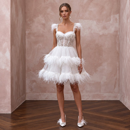 Fun Feather-Trimmed White Tulle Mini Bridal Dress for Bachelorette Rehearsal